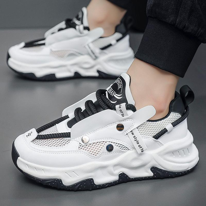 

Мужская обувь 2025 весна студенческая сетчатая дышащая легкая конструкция с толстой подошвой усиливающая спортивные повседневные мужские туфли для папы 39 чёрный