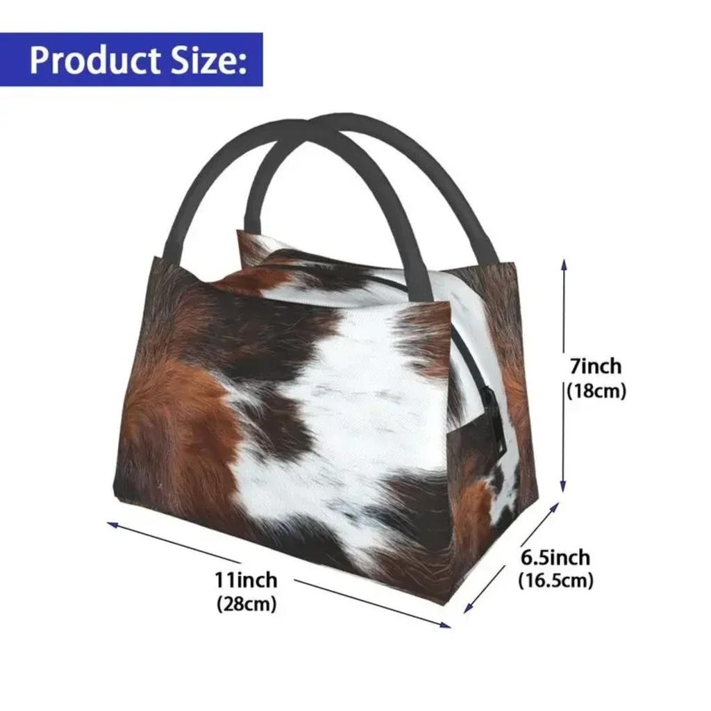 Scottish Highland Cow Cowhide Texture Thermal Insulated Lunch Bag Animal Hide Leather Lunch Container for Picnic Meal Food Box