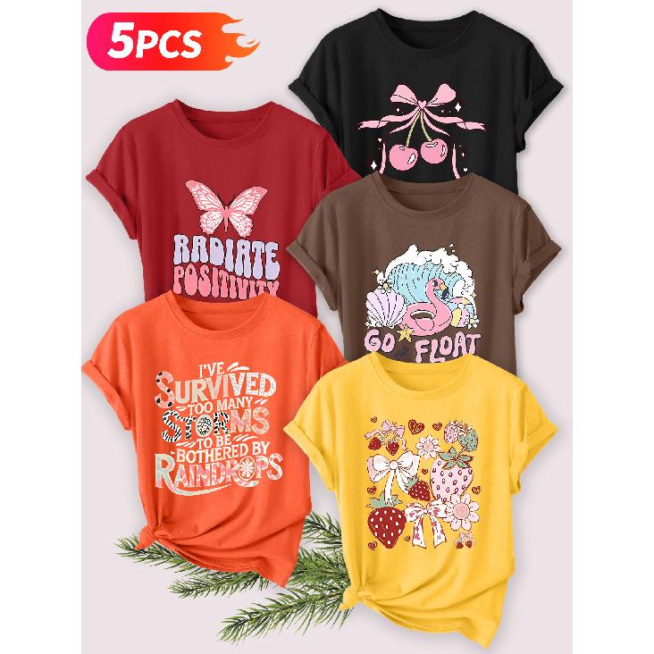 Five-piece set Elegant short-sleeved shirt for women Sunset Coast Print Round Neck Women's Short Sleeve Suitable for Spring and Summer Fashionable