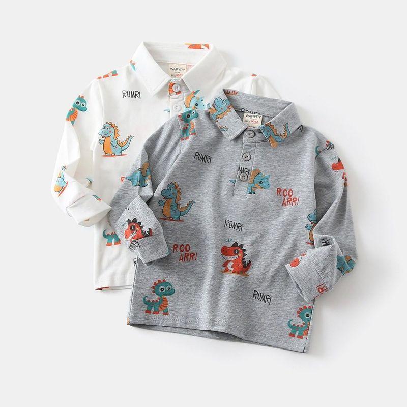 Boys' Long-Sleeved T-Shirt, Spring and Autum Kidsren's Clothing, Kidsren's All-Over Printed Dinosaur Polo Shirt, Baby Lapel Cartoon Top