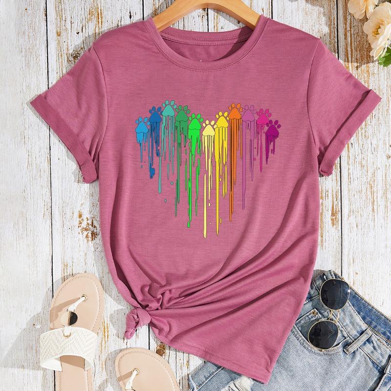 Summer Women's Printed Color Heart-shaped Loose Cotton Plus Size Round Neck Short Sleeved T-Shirts Women’s