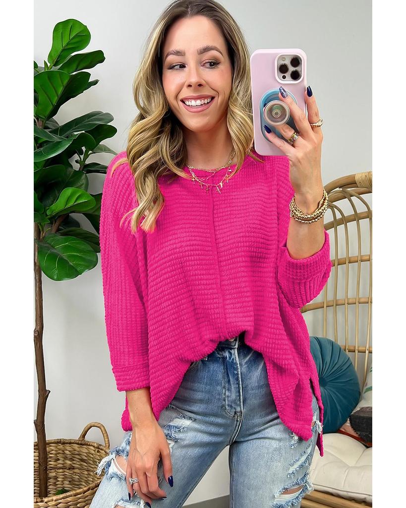 Azura Exchange Rose Red Textured Center Seam Long Sleeve Split Top