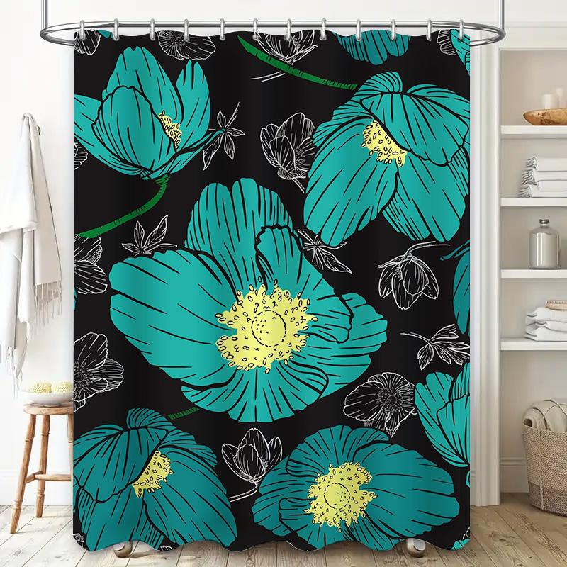 Stylish Blue Floral Shower Curtain for Bathroom Decor Waterproof Fabric with Hooks included in Set