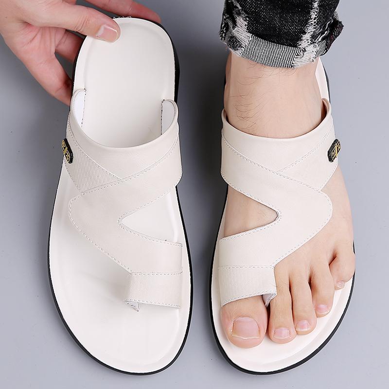 Tongs pour Hommes Pantoufles en Cuir Noir Chaussures Plates Simples Été Blanc Extérieur Marron Bout Ouvert Chaussures de Plage Grande Taille