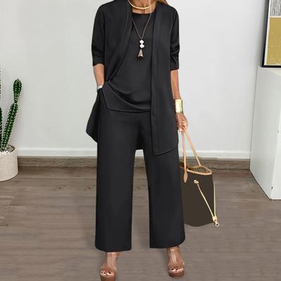 3 Pcs/Set Women Coat Vest Pants Set Long Sleeve Cardigan O Neck Sleeveless