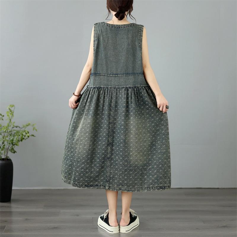 Sleeveless Plus Size Vintage Floral New In Dresses for Women Casual Loose Long Summer Denim Dress