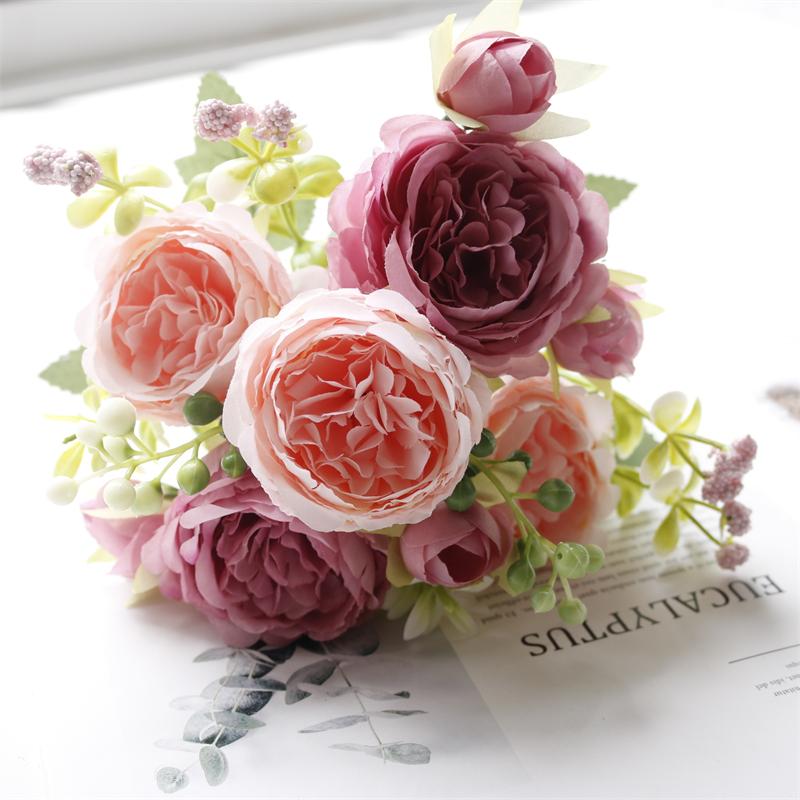 Simulate 5 Roses Korean Style Bouquet Persian Ocean Peony Home Vase Arrangement Decoration Wedding Bride Holding Flower Bouquet