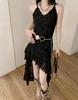 Women's 2025 Irregular Ruffle French Lace Sling Dress with Waist-Cinching and Slimming Design