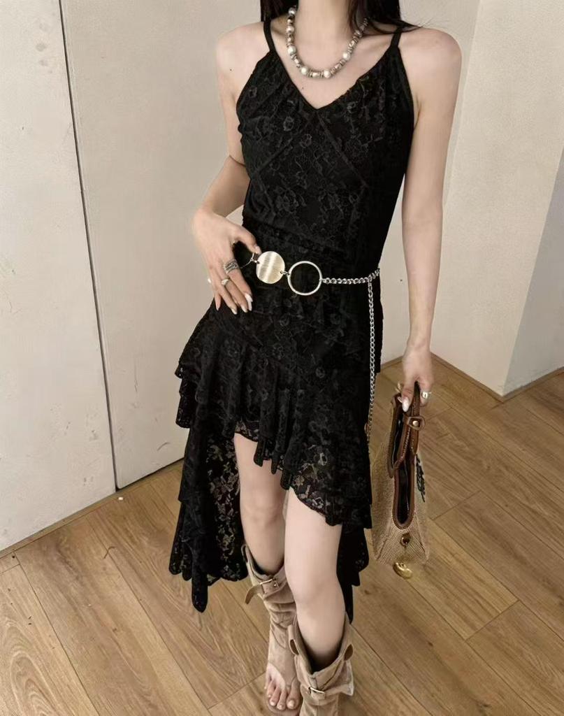 Women's 2025 Irregular Ruffle French Lace Sling Dress with Waist-Cinching and Slimming Design