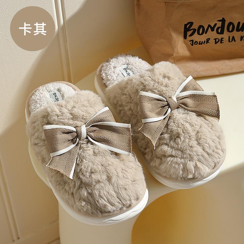 

Хлопковые тапочки с бантом женские сезонные домашние комнатные плюшевые теплые нескользящие милые женские пушистые тапочки 40-41 inner length 25.5cm хаки