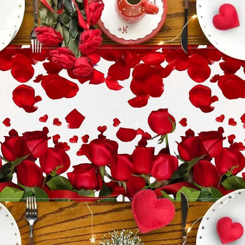 Valentine Table Runners 72 Inches Long, Red Rose Valentine's Day Runners for Table Holiday Anniversary Wedding Kitchen Dining Table Decorations