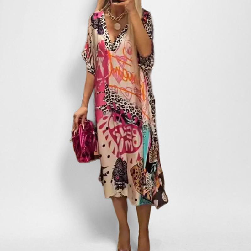New Summer Women's Clothing Elegant and Fashionable Printed V-neck Long Dress