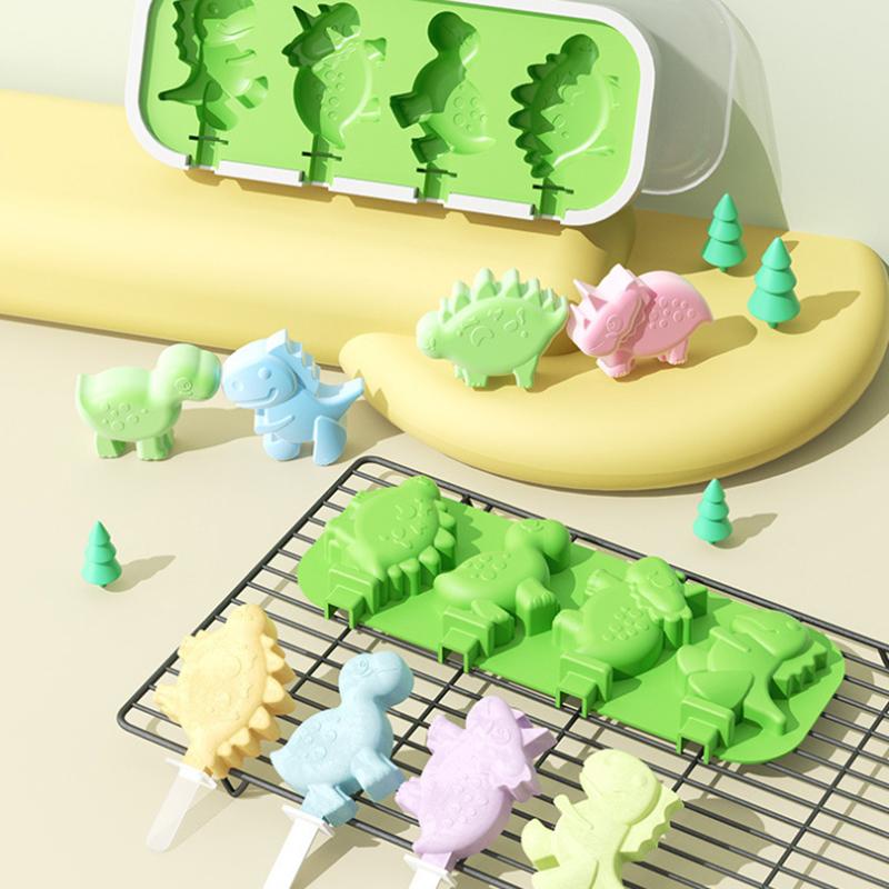 Silicone Ice Cream Mold With Lid And Sticks Diy Popsicle Mould Dinosaur Shape Pastry Mold Kitchen Ice Cream Tool