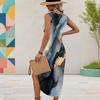 Women Plus Size Sleeveless U Neck Blue Gold Printed Dress High Side Slit Curved Hem