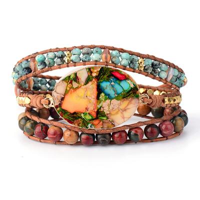 Colorful Imperial Jasper Creative Beaded Handmade Woven Leather Multi-Layer Wrap Bracelet