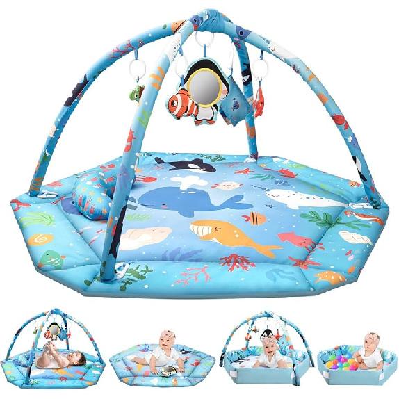 Baby Play Mat,Tummy Time Mat with 6 Detachable Toys-Activity Gym for Visual, Auditory & Motor Development-Washable Baby Activity Mat for 0-12 Month