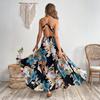 Damen Boho Tropischer Print Spaghettiträger Maxikleid mit hohem Schlitz V-Ausschnitt Lässiges Sommerkleid