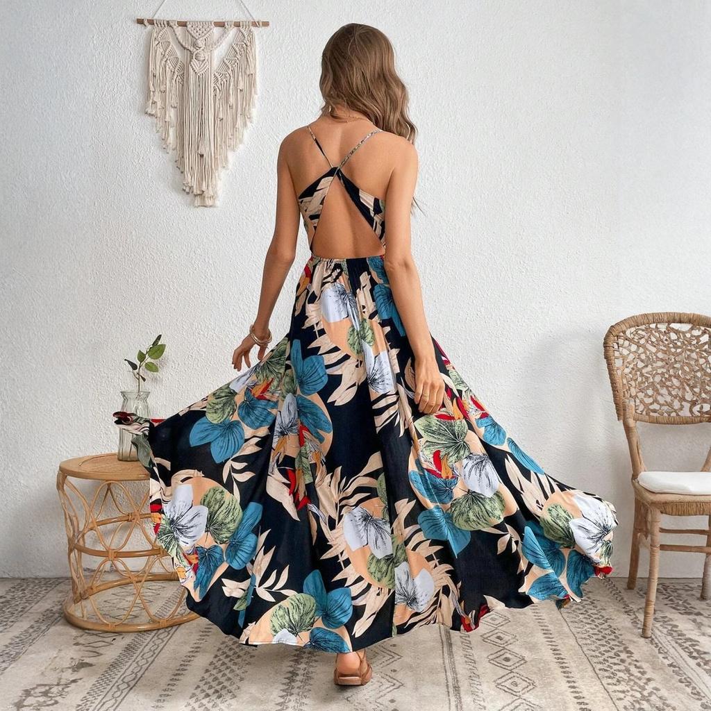 Damen Boho Tropischer Print Spaghettiträger Maxikleid mit hohem Schlitz V-Ausschnitt Lässiges Sommerkleid