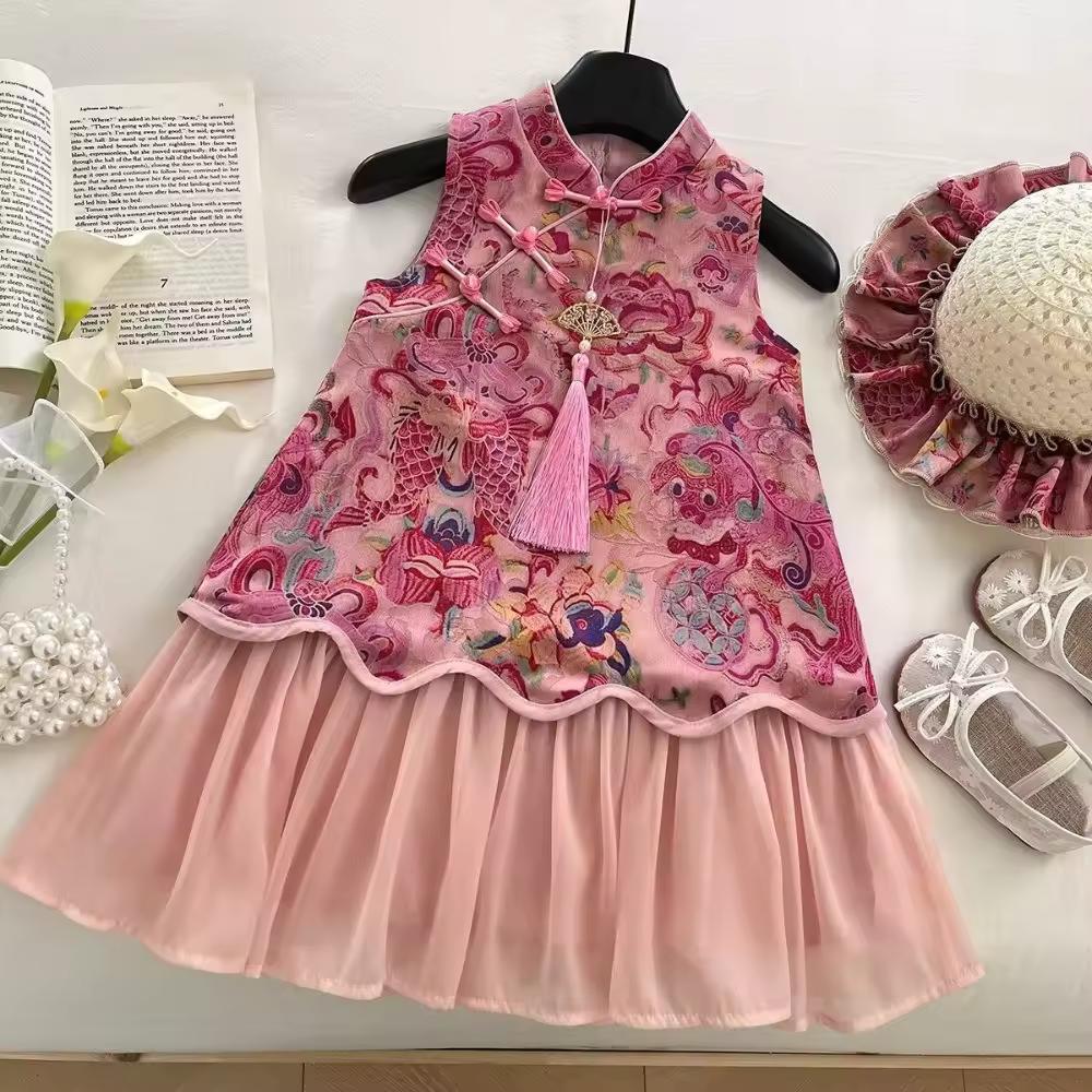 Girls Korean Version Summer Pink Chinese Style Flower Embroidery Lace Sleeveless Dress for Sweet Cheongsam