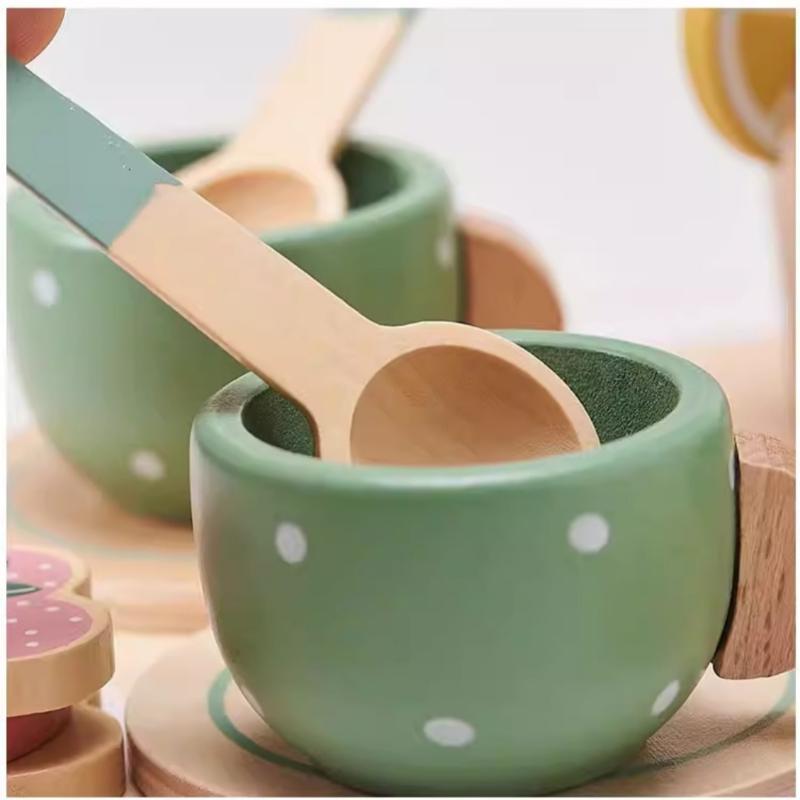 Wooden Kids Tea Set Pretend Play Food Kitchen Accessories Creative Imaginative Toy for Girls Birthday Tea Party Playroom