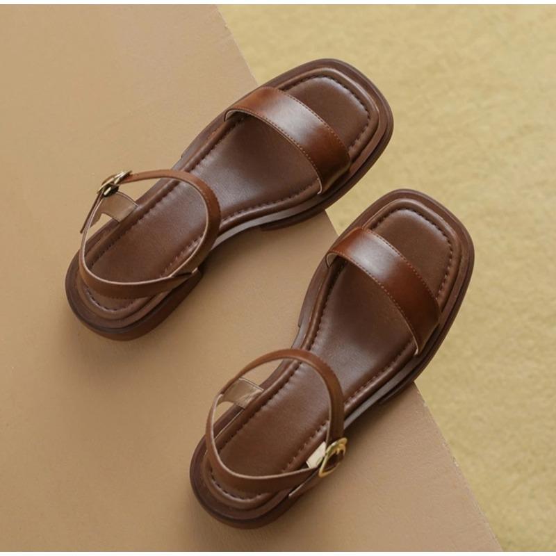 Soleist Summer Women Sandals Low Heels Basic Genuine Leather Office Plus Size 35-42 Ladies Casual Outdoor Concise Woman Shoes