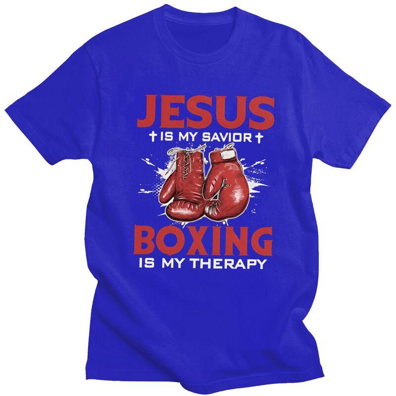 Jésus Est Mon Sauveur La Boxe Est Ma Thérapie T-shirt Pur Coton T-shirts Été Manches Courtes Col Rond Citations de Boxeurs T-shirts