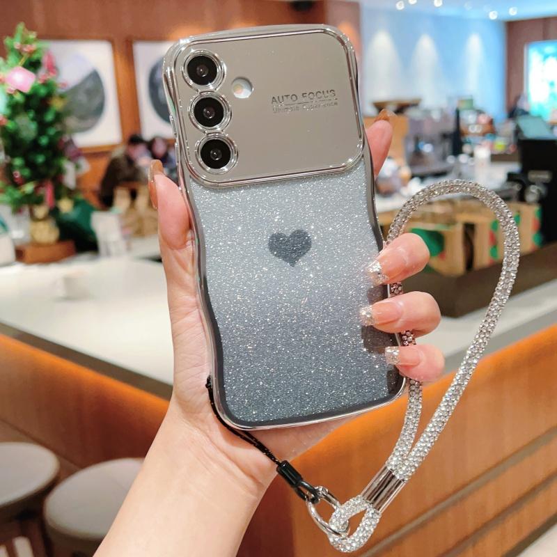 

Чехол для Samsung Galaxy S24 FE с ремешком, гальванизированный ТПУ чехол для телефона, градиент с блестками в виде сердечек Silver