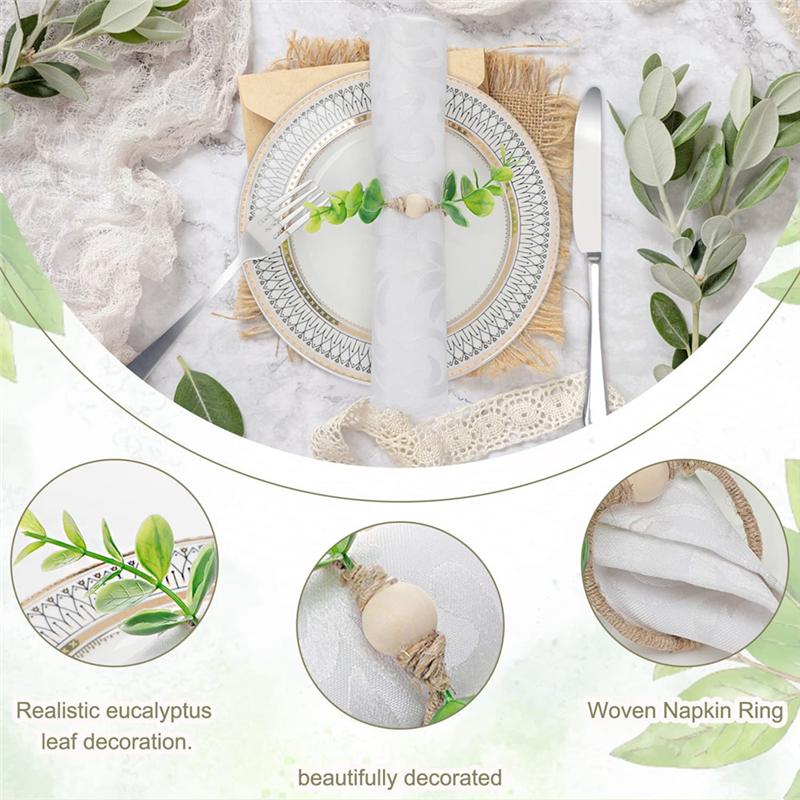 12Pcs Eucalyptus Napkin Rings, Wood Bead Napkin Rings Farmhouse Leaf Spring Napkin Rings For Dining Table Decorations Durable