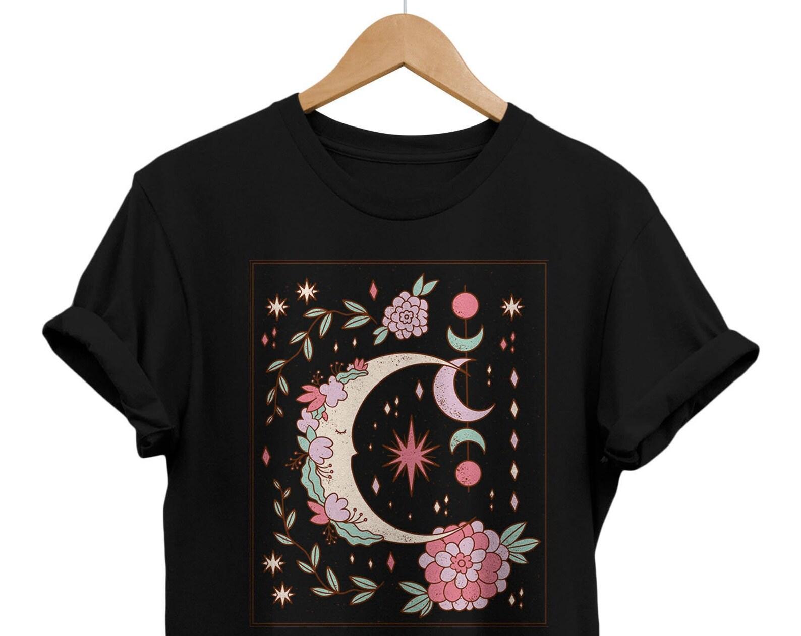 Floral Crescent Moon T-Shirt, Witchcore Boho Style XL