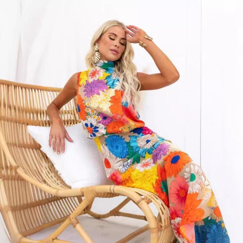 Women's Holiday Fashion Print Sleeveless Halter Waist Dress