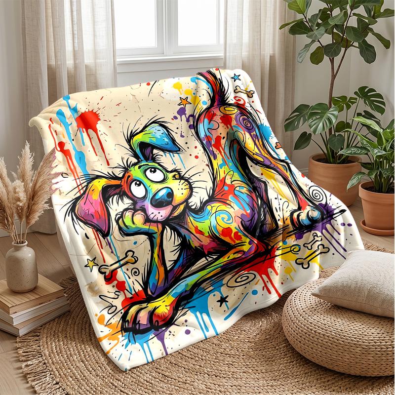 Colorful Dog Pattern with Flowers blanket Personalized Name Flannel Blanket Soft Cozy Plush Throw for Sofa Bed Lightweight Home Decor