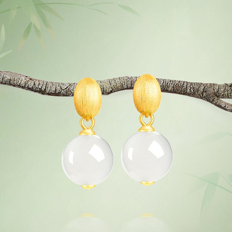 

Серьги из стерлингового серебра S925 с круглыми бусинами из белого хотанского нефрита для женщин - Простой, роскошный дизайн Ear Plug Random