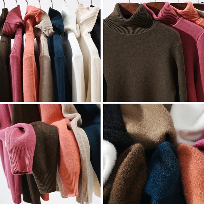 WTEMPO Rollkragenpullover Einfarbig Langarm Beiläufige Gestrickte Pullover Frauen Herbst Winter Plüsch Verdickte Jumper Warme Bodenbildung Strickwaren