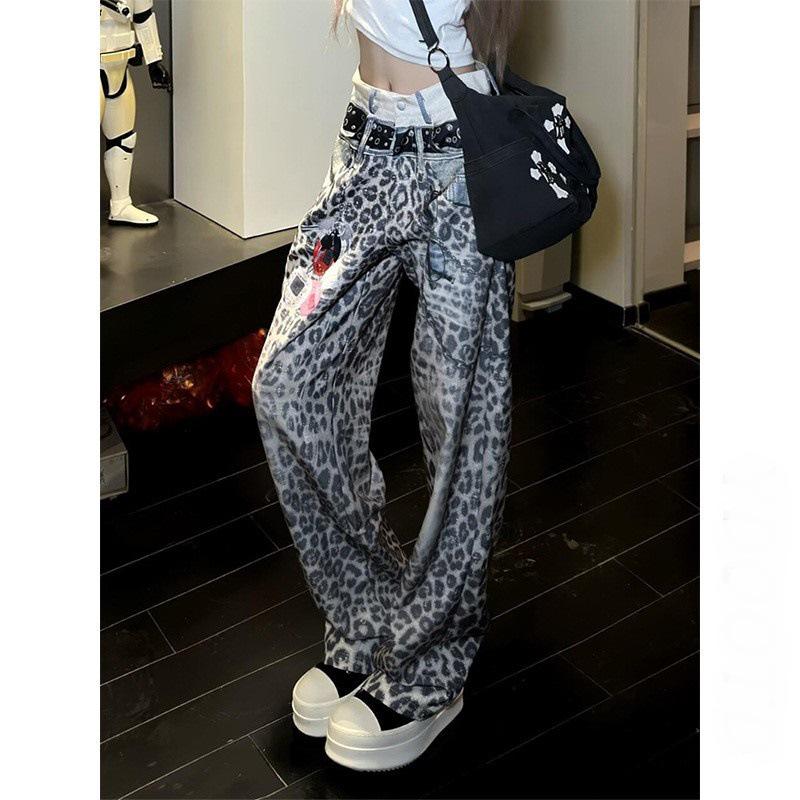 

Customized Unisex Leopard Print High-Waist Denim Pants with Double Waistband and Slimming Straight Legs 2XL цветной печати леопарда