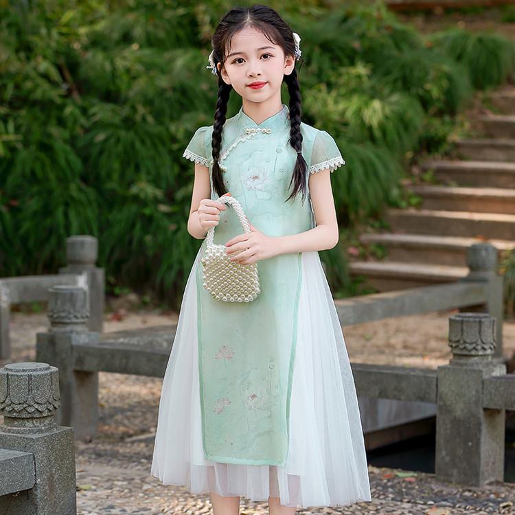 Girls' Cheongsam Dress 26 Summer New Style Chinese Style Dress New Chinese Mesh Splicing Cheongsam Dress