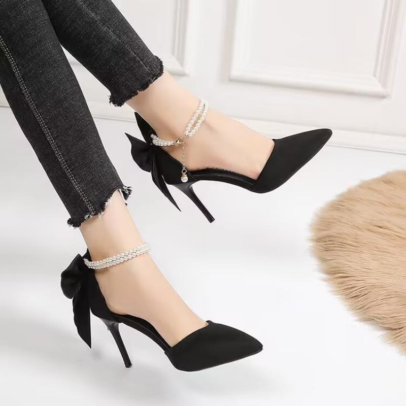 Fashion 2025 New Women Thin Heel Hollow Sandals Woman Pearl Butterfly Pointed Toe High Heels Pumps Womens Drees Shoes Wedding Shoes