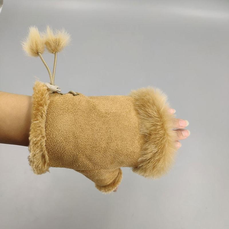 Half Finger Gloves Faux Rabbit Fur Gloves Fleece Lined Warm Gloves Solid Color Winter Thick Gloves Fingerless Mittens