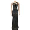 C6075 Women's Fashion Mesh Sleeveless V-Neck Long Dress with Hot Drill Detailing