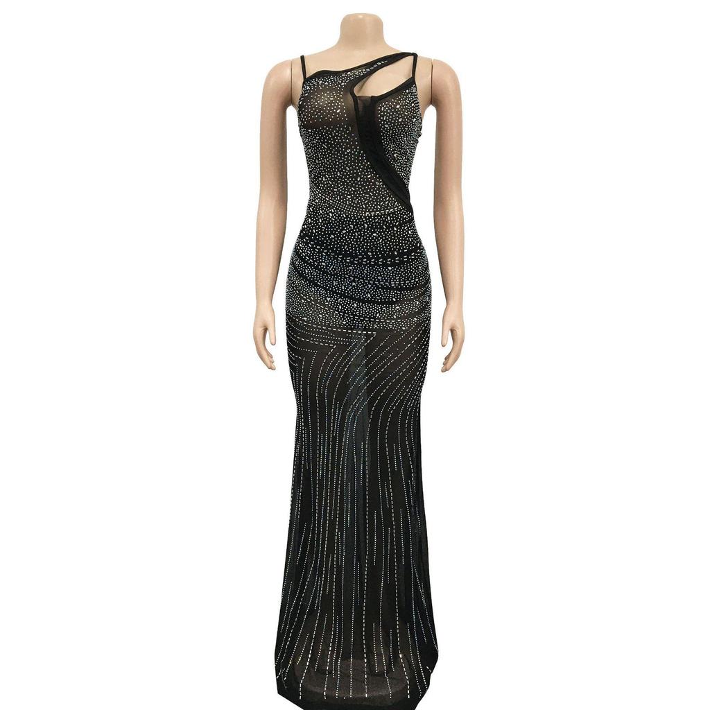 C6075 Women's Fashion Mesh Sleeveless V-Neck Long Dress with Hot Drill Detailing