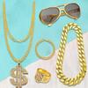 80s 90s Costume Outfit Set Hip-Hop Punk Big Gold Chain Dollar Ring Rock Star Glasses Bracelet Hip Hop Cosplay Dress Costumes Kit