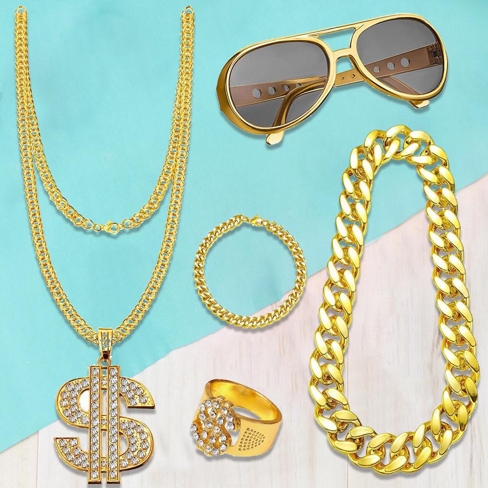 80s 90s Costume Outfit Set Hip-Hop Punk Big Gold Chain Dollar Ring Rock Star Glasses Bracelet Hip Hop Cosplay Dress Costumes Kit