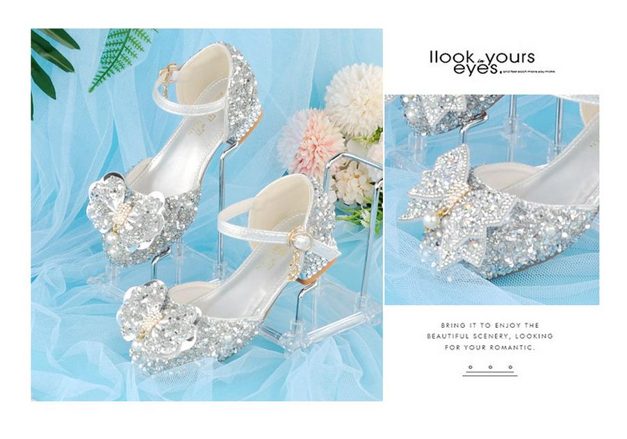 Silver Crystal Low-Heel White Leather Princess Shoes for Girls