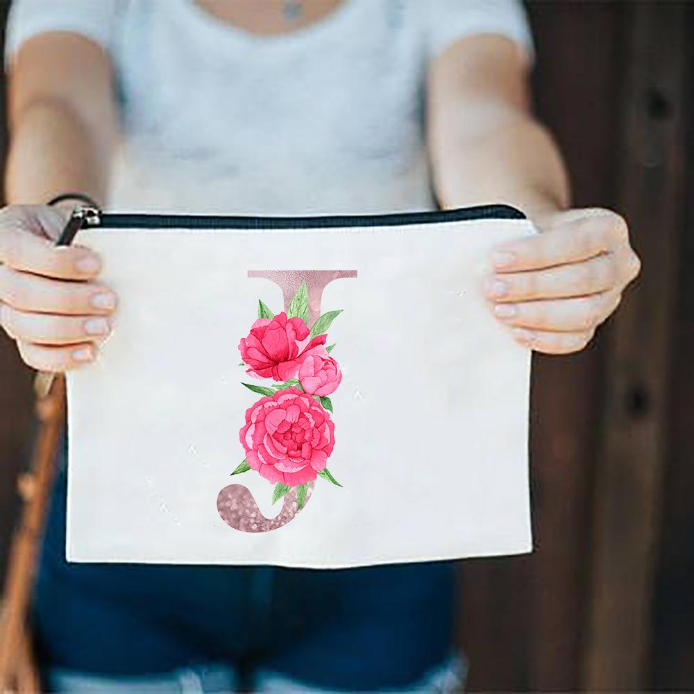 Pink Flowers Alphabet A-Z White Canvas Makeup Bags Zipper Cosmetic Pouch Ladies Casual Fashion Storage Organizer Make Up Bag