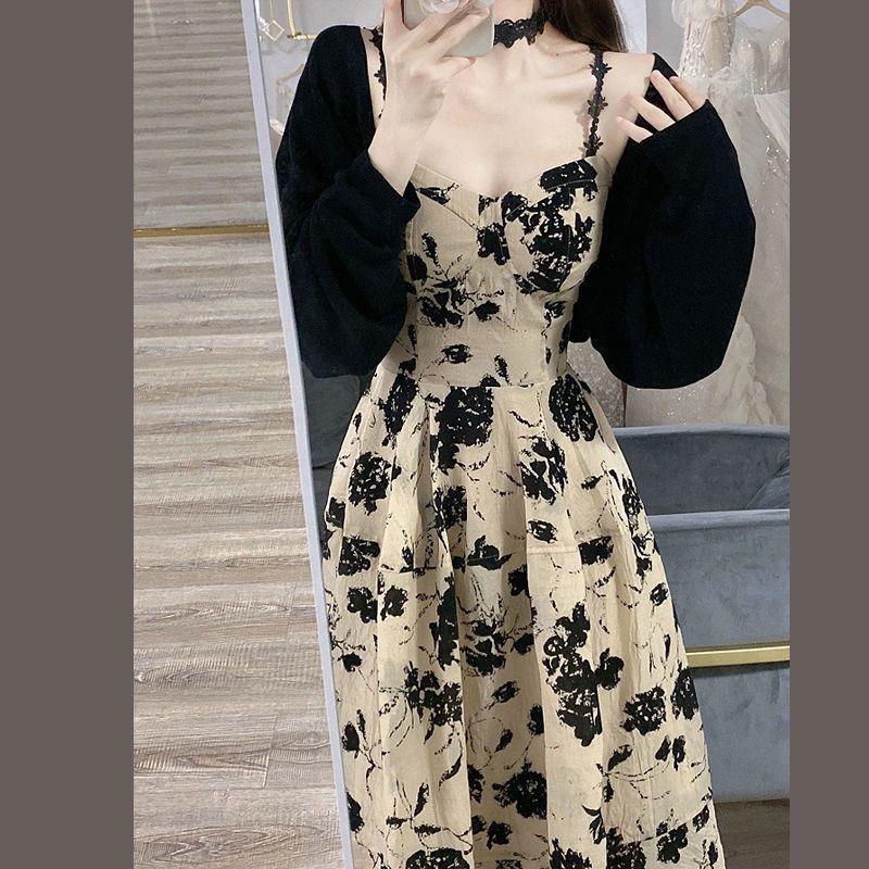 

2026 Spring Floral Spaghetti Strap Dress - French Retro Hepburn Style, Elegant Two-Piece Set for Women S [Recommended for 40-48 kg]