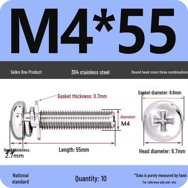 304 Stainless Steel Round Head Phillips Screw with Flat Washer (Sizes M3, M4, M5, M6)
