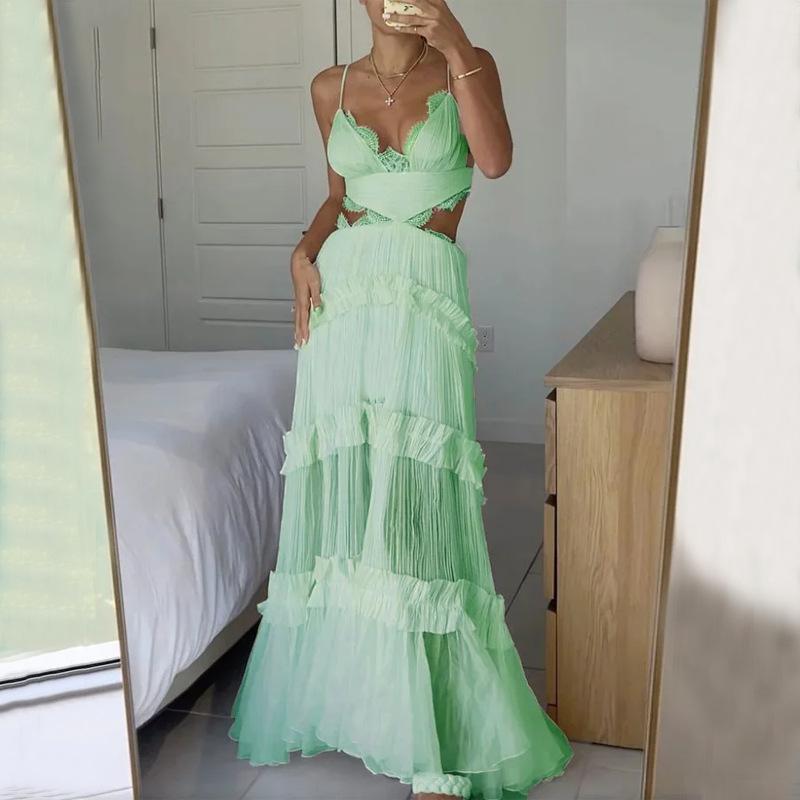 Autumn European American Sexy Home Sling Lace See Through Hole Dress