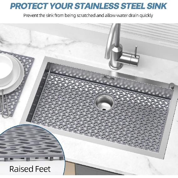JUSTOGO Sink Protector for Kitchen, 29.5" X 15.6" Silicone Mat Grid for Stainless Steel Sink with Rear Drain, Heat Resistant Drying Mat