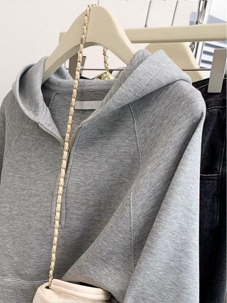 Women's Gray Half-Zip Hooded Sweatshirt - Autumn/Winter 2025 Korean Style Casual Loose Fit Pullover Top