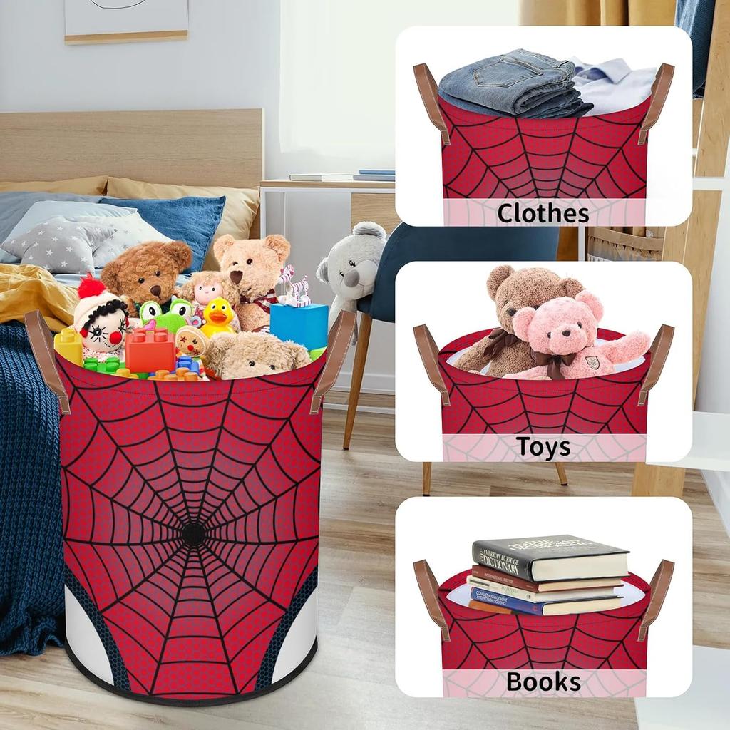 Large Laundry Hamper Basket Red Spider Web Round Collapsible Storage Organizer Bin for Kids, Boys, Nursery, Closet, Bedroom, Playroom, Toys, Dirty