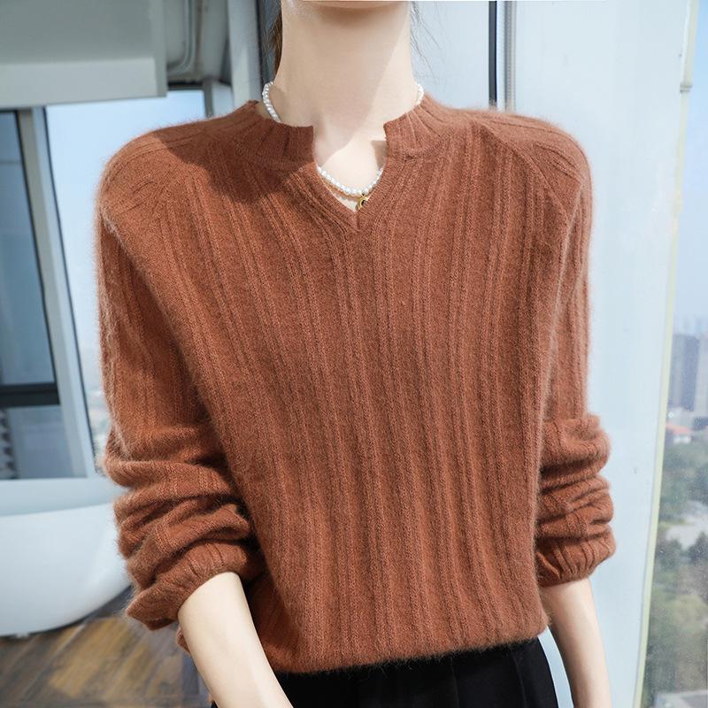 Women's Mink Cashmere V-Neck Sweater - Autumn/Winter 2025 Loose Fit, Short Solid Color, Knitted Wool Pullover Jumper